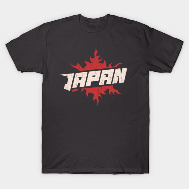 Japan logo badge fire sun emblem typography distressed T-Shirt by SpaceWiz95